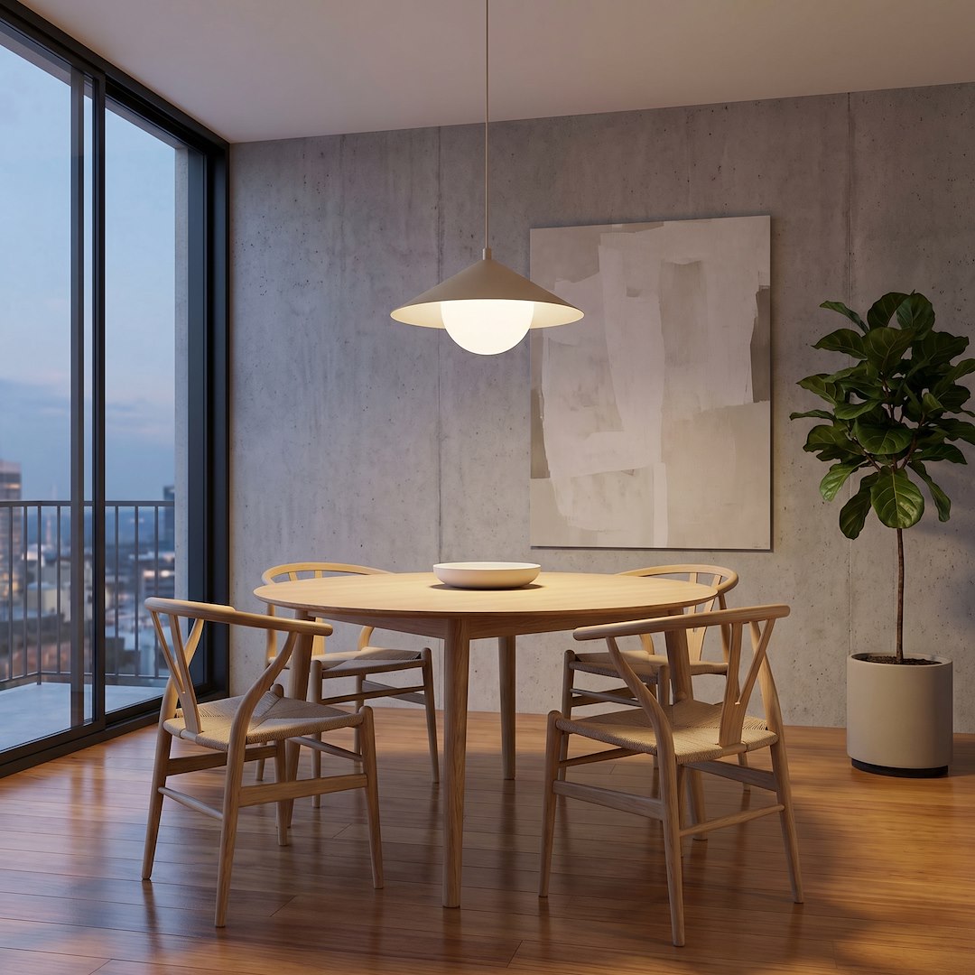 Mise en ambiance au-dessus d'une table à manger en bois dans un intérieur contemporain