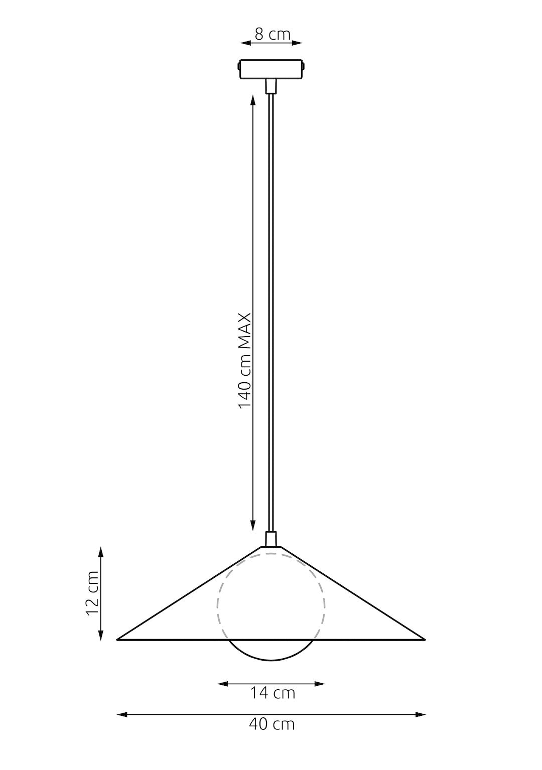 Schéma technique coté montrant les dimensions de la suspension et du diffuseur