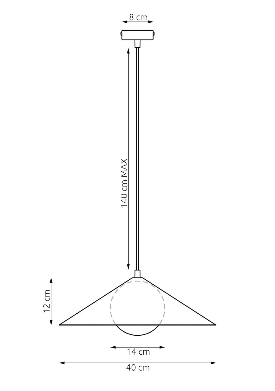 Schéma technique coté montrant les dimensions de la suspension et du diffuseur