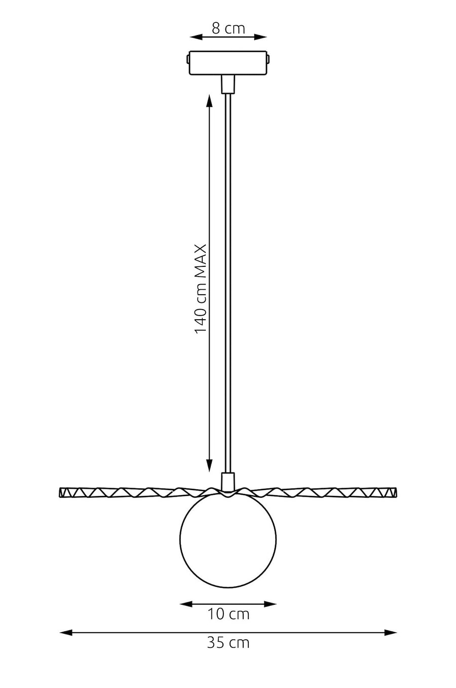 Schéma de dimensions indiquant 140 cm de hauteur maximale et 35 cm de diamètre