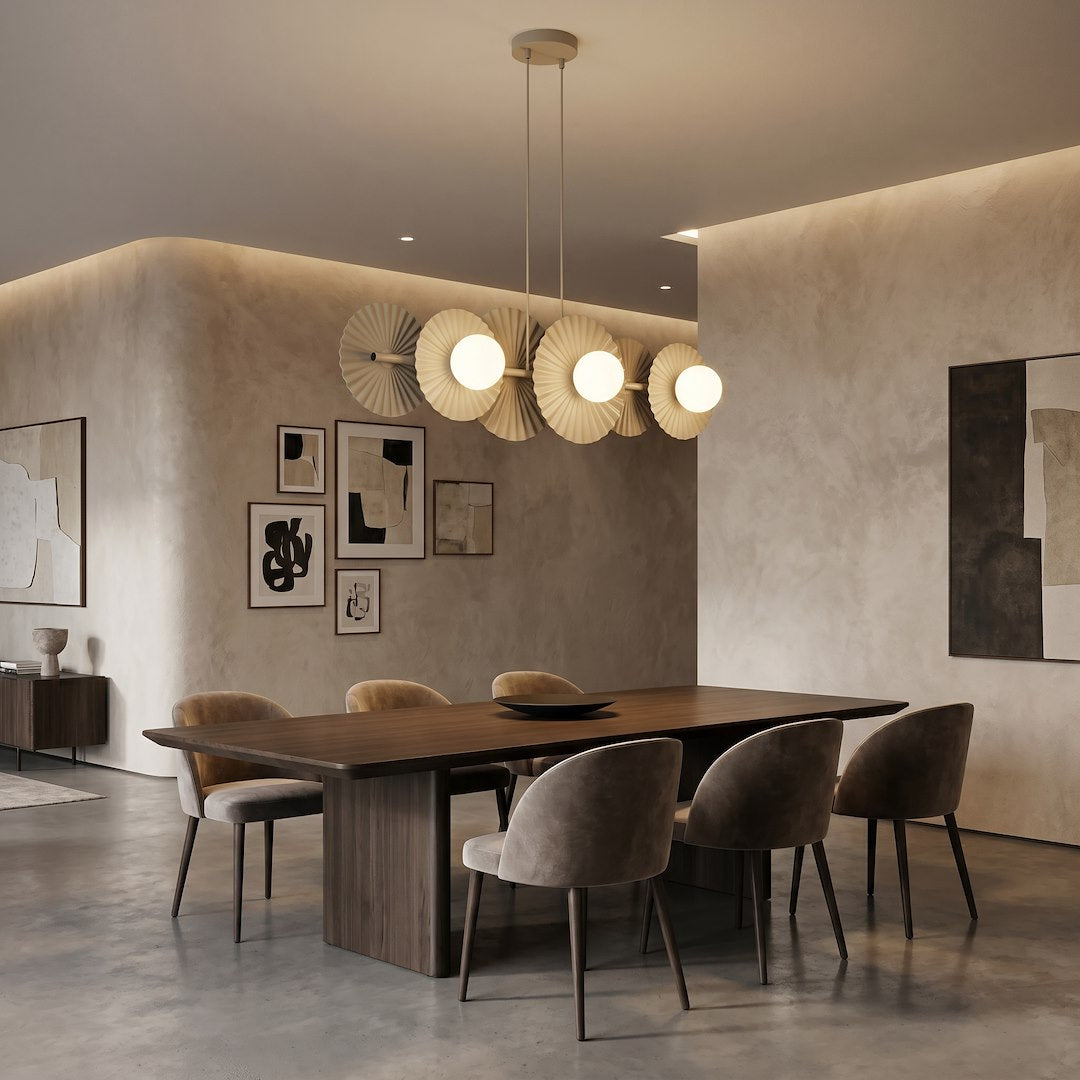 Suspension Umbra 6 lumières beige, verre blanc