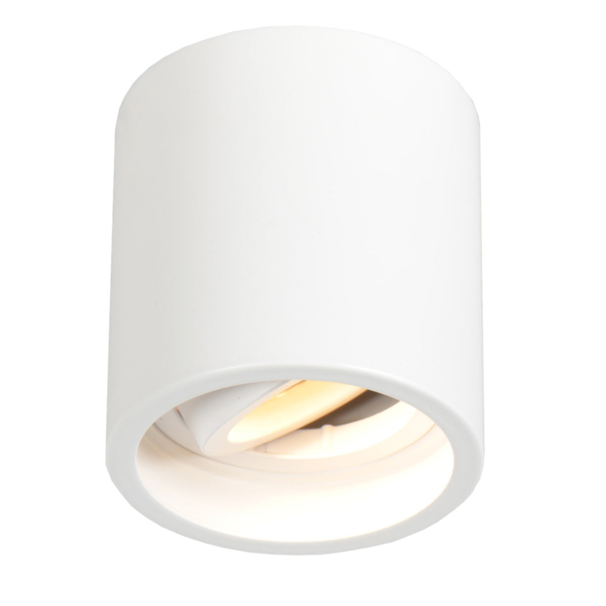 Vue de trois quarts du spot orientable blanc avec ampoule allumée