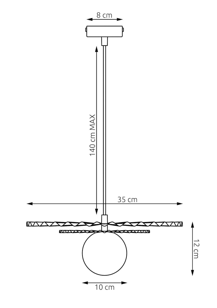 Schéma coté : rosace 8 cm, hauteur 140 cm max, diamètre 35 cm