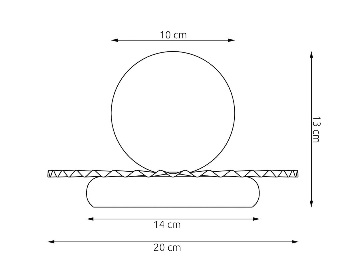 Schéma coté du luminaire : sphère 10 cm, base 14 cm, largeur 20 cm, hauteur 13 cm.