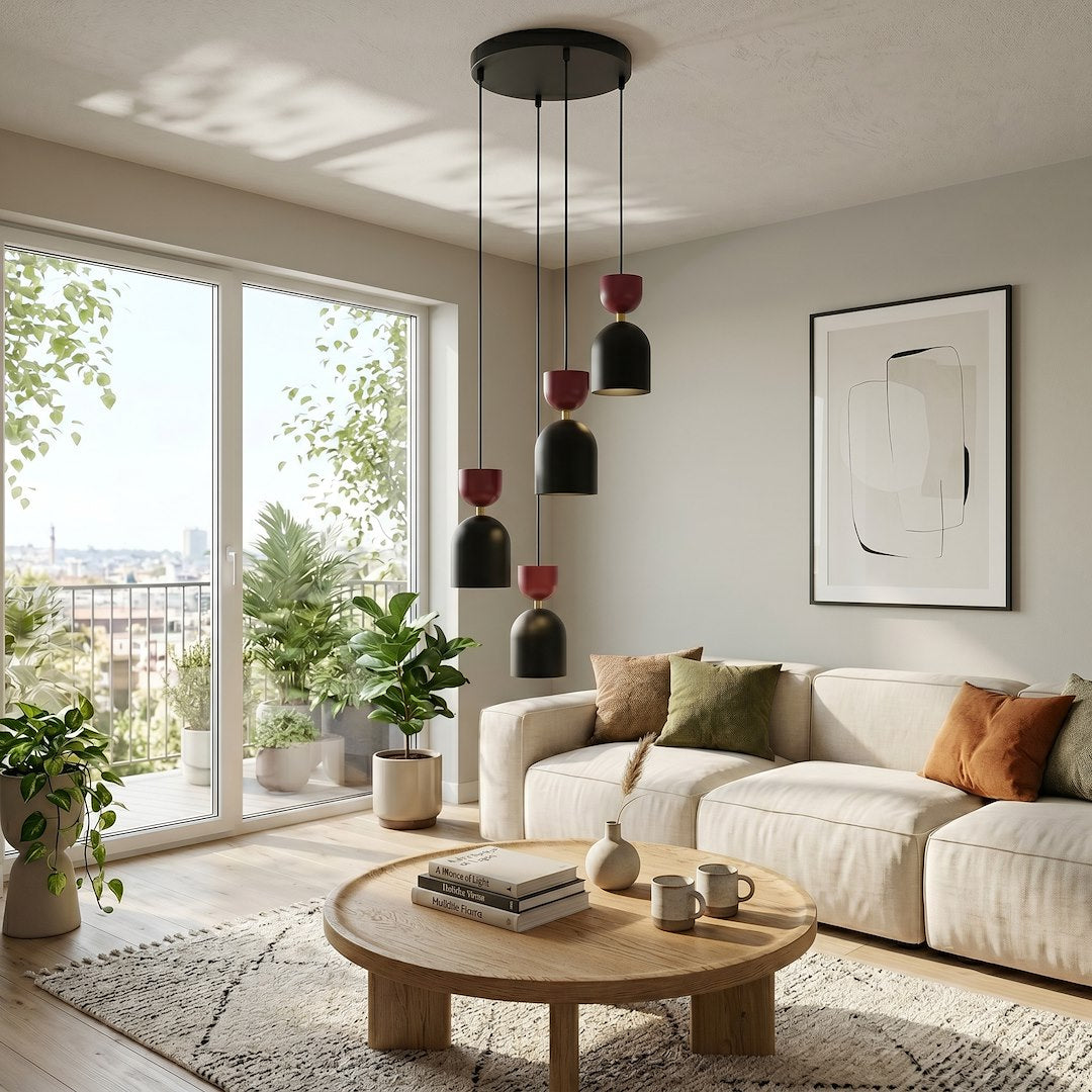 Mise en ambiance dans un salon clair avec canapé beige et baie vitrée