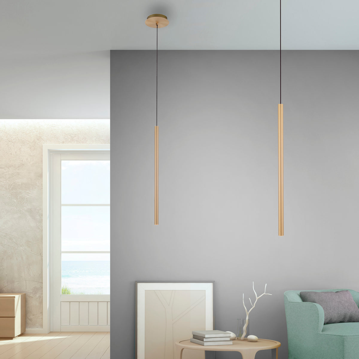 Mise en ambiance de deux suspensions allongées dans un intérieur contemporain clair