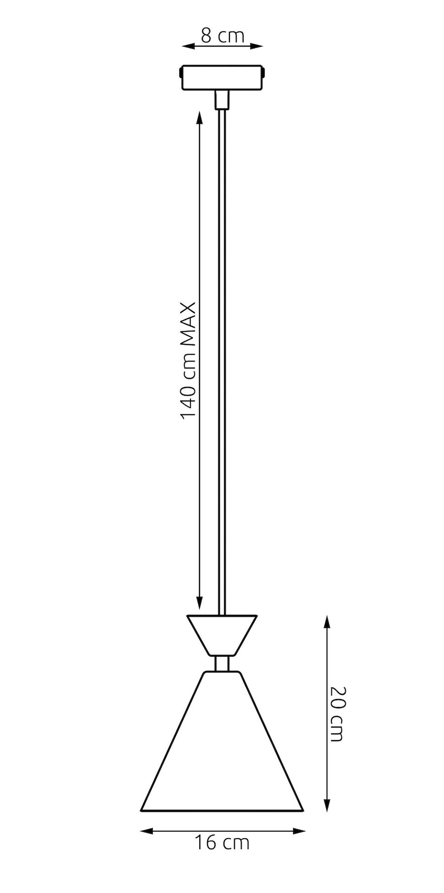 Schéma coté du luminaire : hauteur 20 cm, diamètre 16 cm, câble 140 cm maximum
