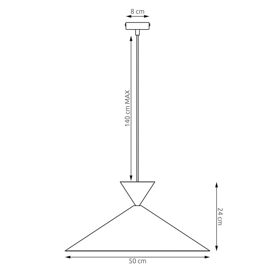 Schéma coté du luminaire : diamètre 50 cm, hauteur 24 cm, câble 140 cm maximum