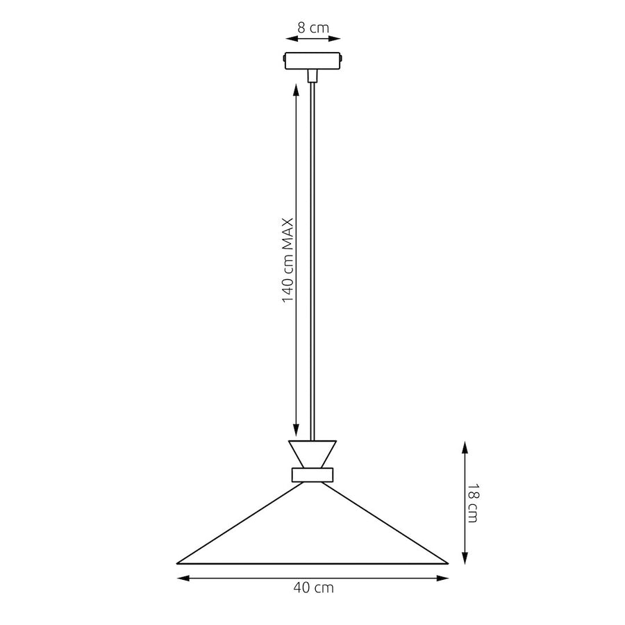 Schéma coté : rosace 8 cm, hauteur 18 cm, diamètre 40 cm, câble 140 cm