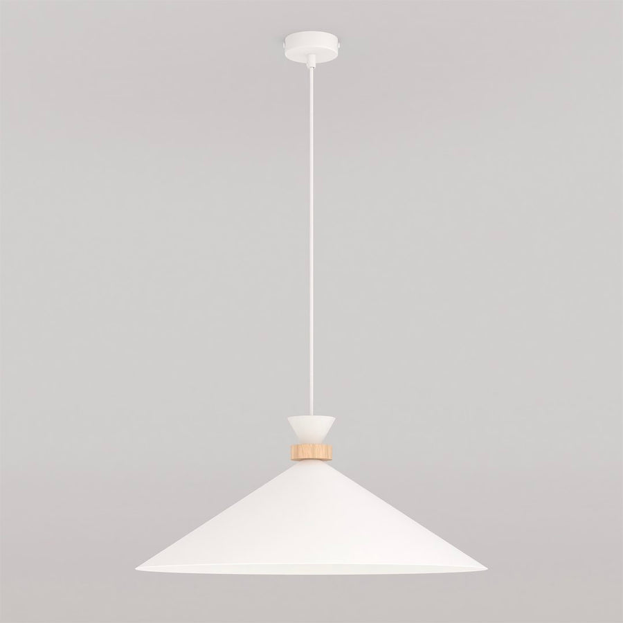 Photo produit de face sur fond neutre, suspension blanche avec abat-jour conique.