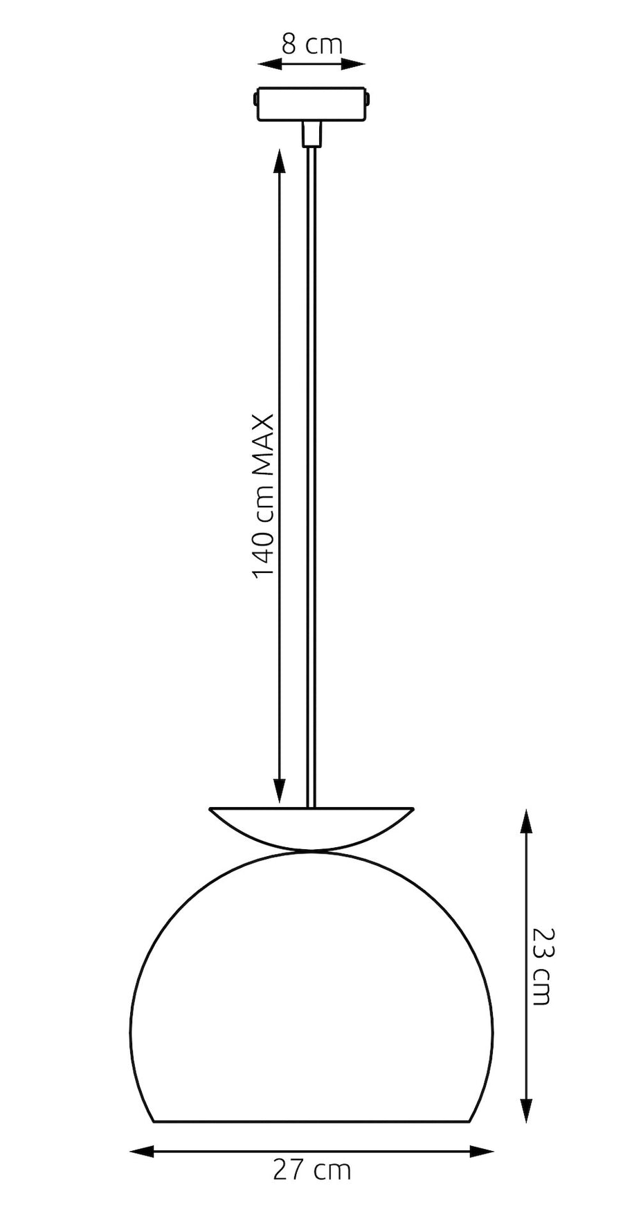 Schéma de dimensions du luminaire : hauteur, diamètre et longueur maximale du câble.