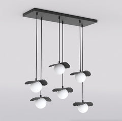 Suspension Flora 6 lumières noire, verre blanc