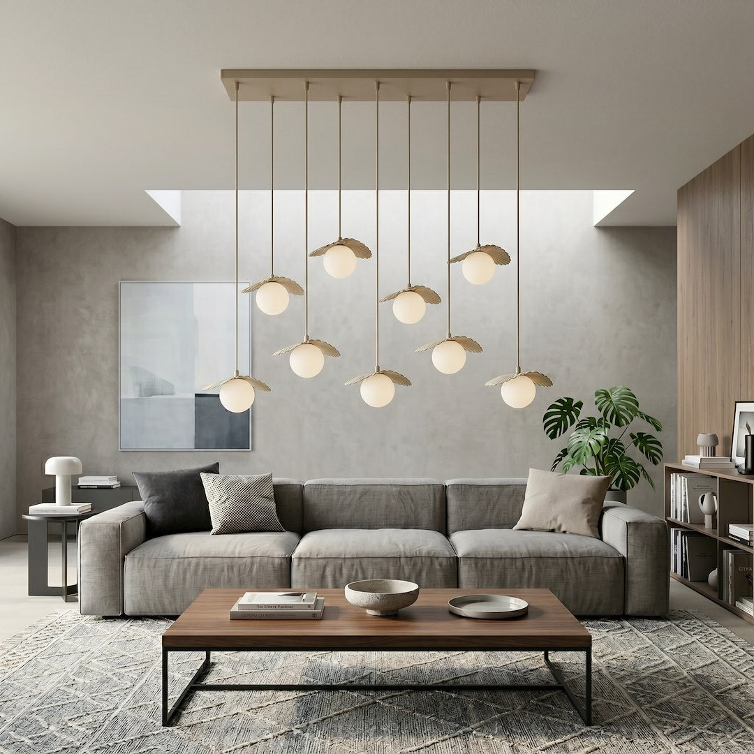Suspension Flora 9 lumières beige, verre blanc