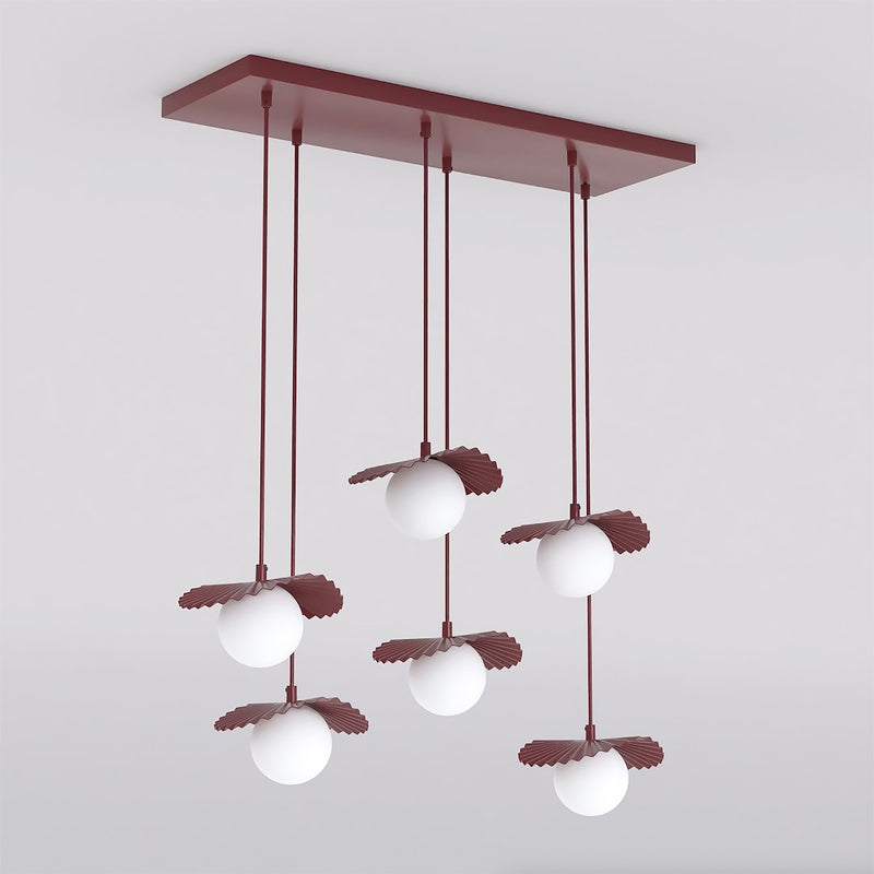 Suspension Flora 6 lumières bordeaux, verre blanc