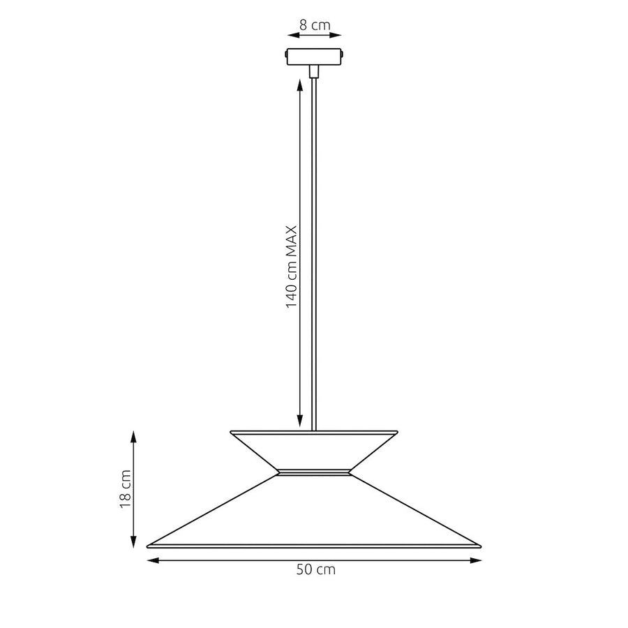 Schéma technique coté : hauteur 18 cm, diamètre 50 cm, câble 140 cm maximum.