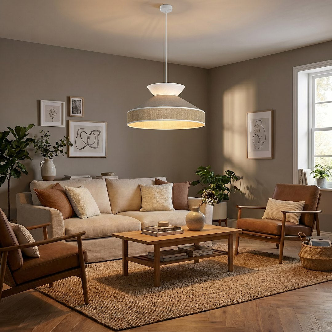Mise en ambiance dans un salon beige, suspension allumée au-dessus de la table basse