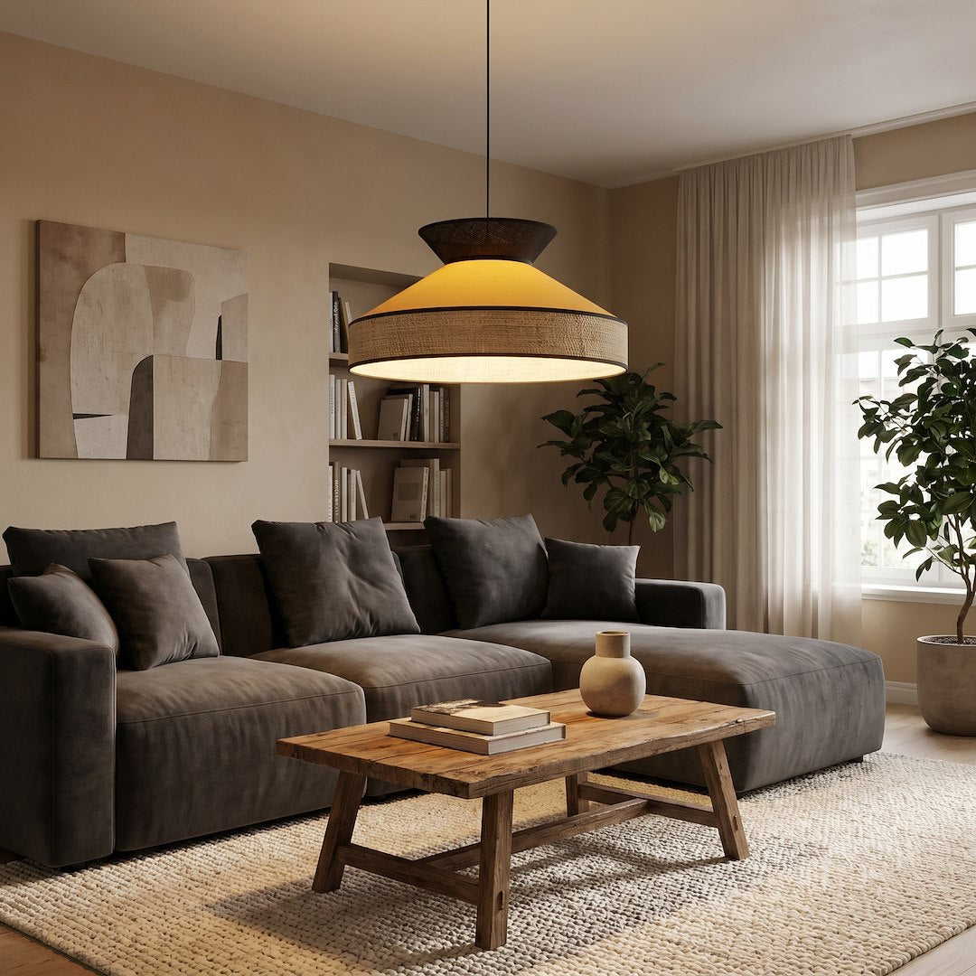 Scène d'intérieur moderne, canapé gris et luminaire suspendu éclairant la pièce