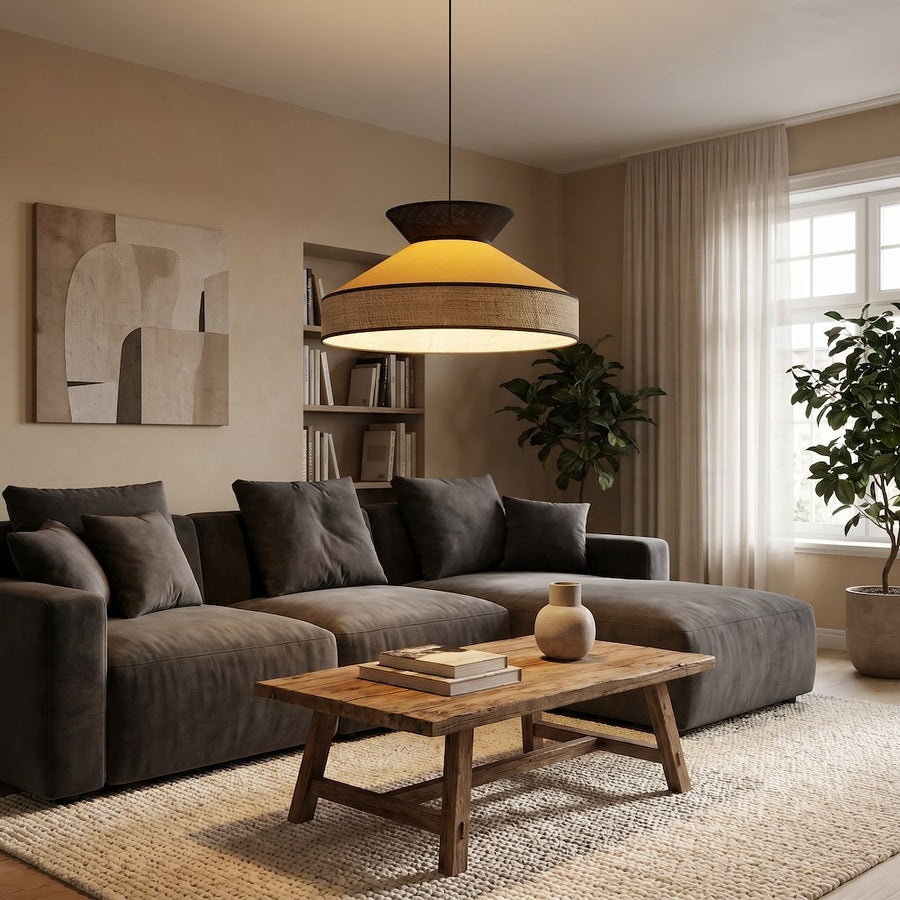 Scène d'intérieur moderne, canapé gris et luminaire suspendu éclairant la pièce