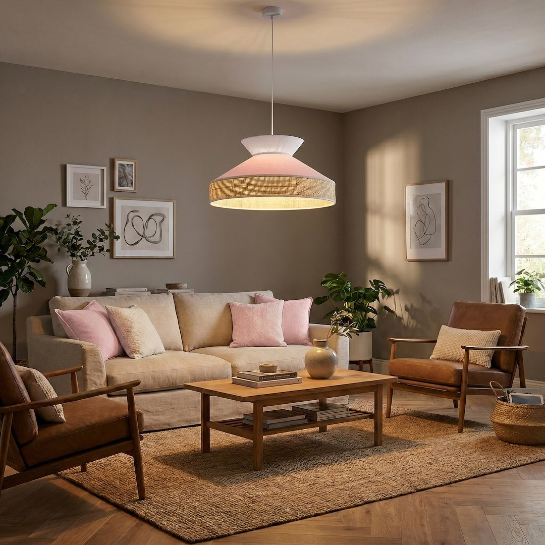 Mise en ambiance dans un salon beige, suspension allumée au-dessus de la table basse.