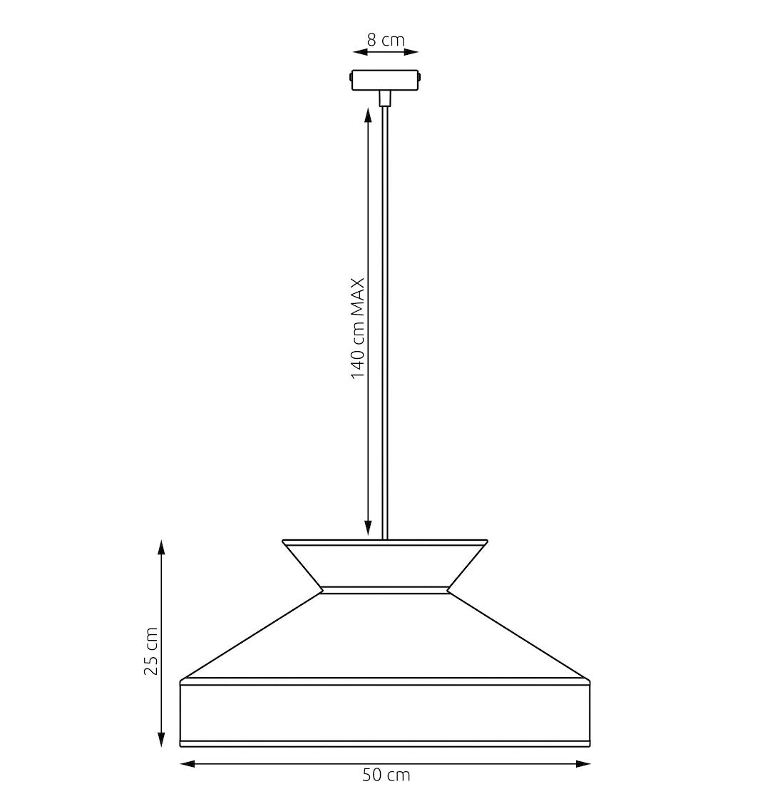 Schéma coté du luminaire, hauteur et diamètre de l'abat-jour indiqués.