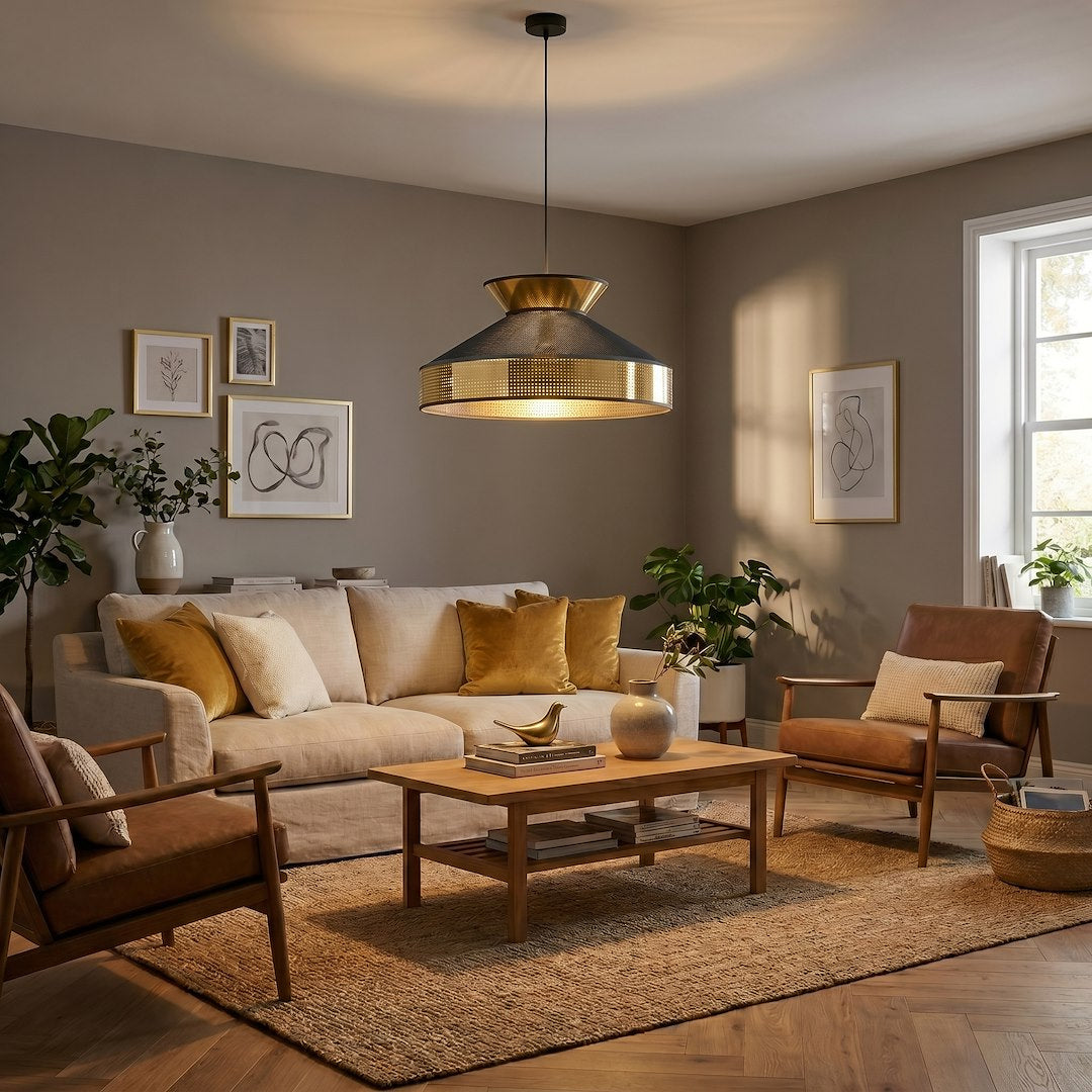 Mise en ambiance salon chaleureux, suspension allumée au-dessus d'un canapé beige