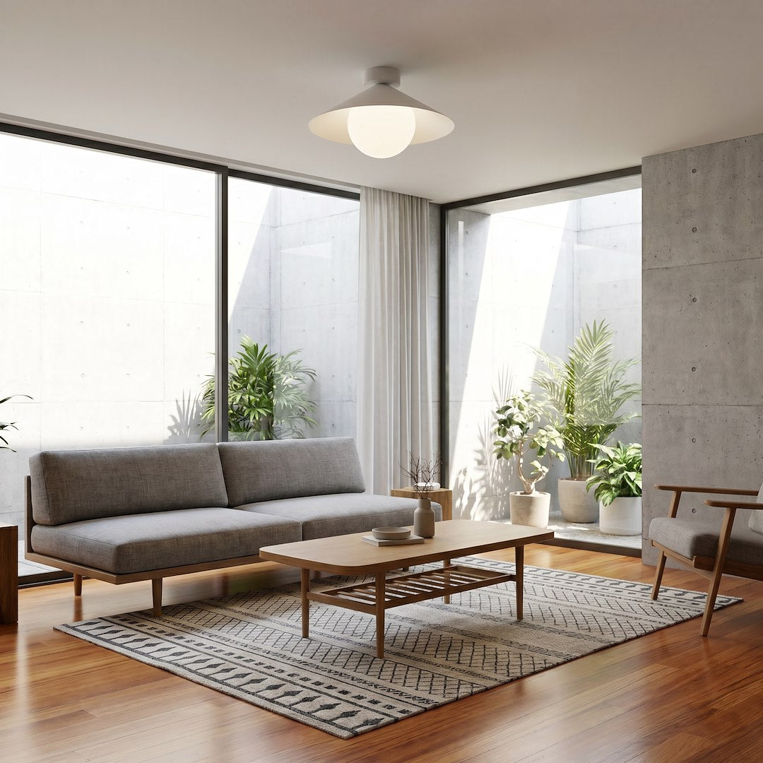 Mise en ambiance dans un salon minimaliste, canape gris et grandes baies vitrees