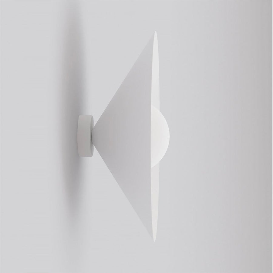 Vue de profil du luminaire blanc fixé au mur, disque conique et sphère centrale
