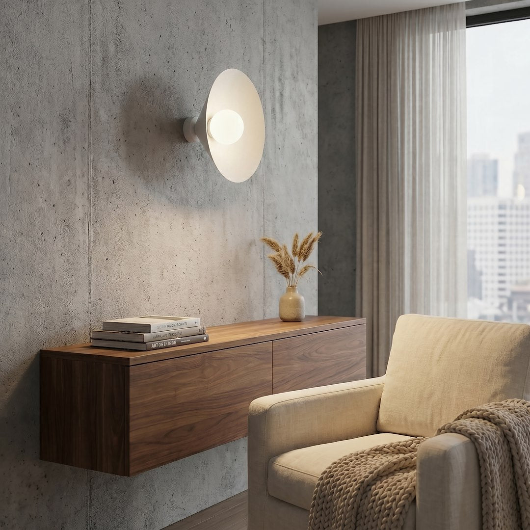Ambiance intérieure avec applique allumée sur mur béton, fauteuil et meuble suspendu