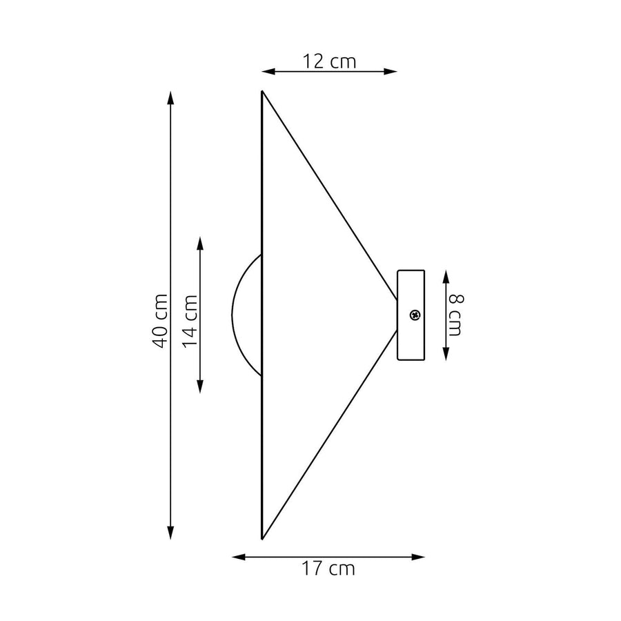 Schéma coté indiquant les dimensions du luminaire, hauteur et profondeur en centimètres