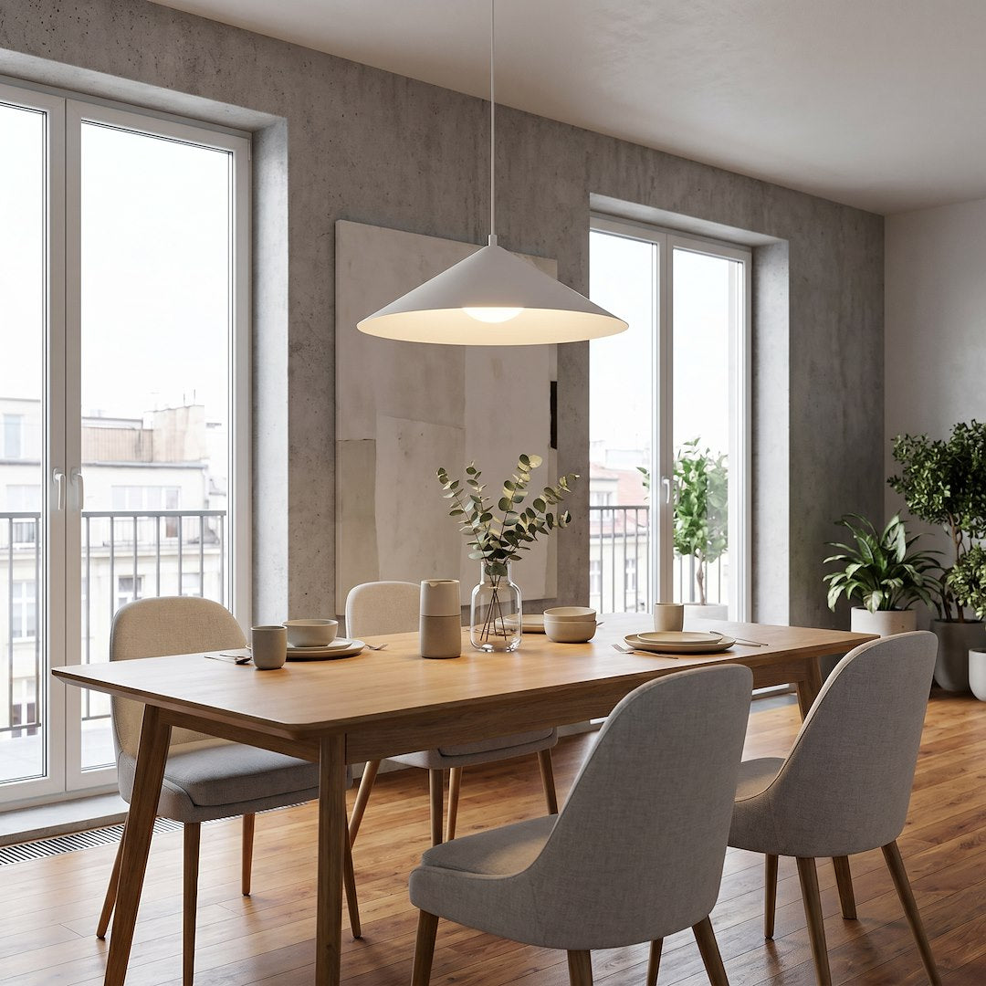 Mise en ambiance au-dessus d'une table à manger en bois clair, séjour moderne