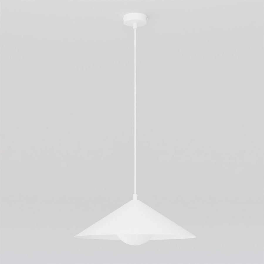 Suspension blanche de face, grand cône et diffuseur sphérique allumé sur fond clair