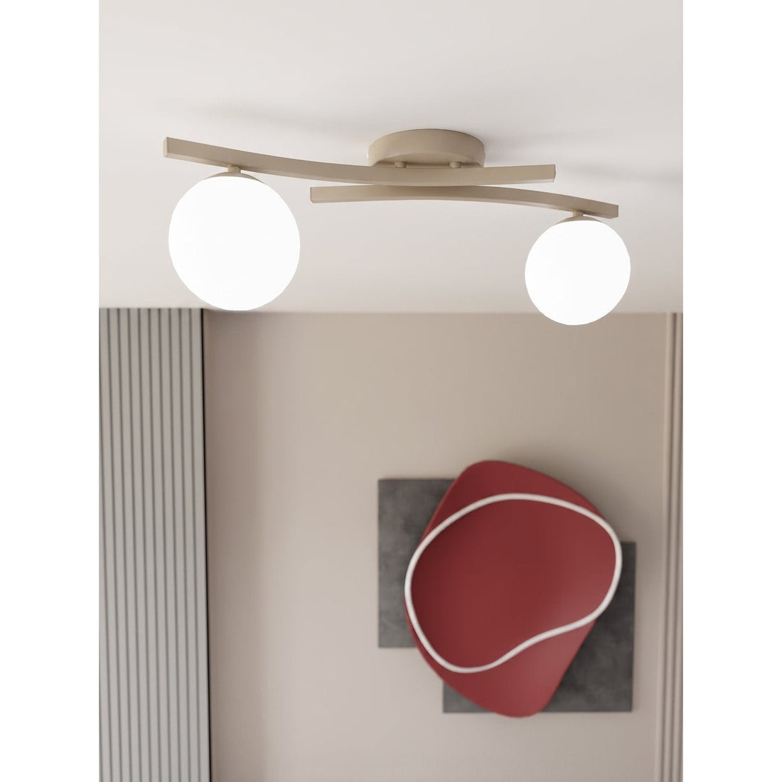 Plafonnier Opus 2 lumières beige, verre blanc