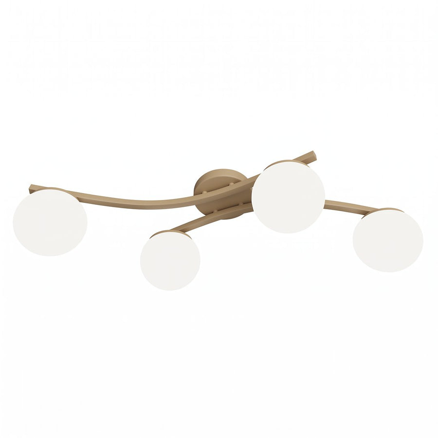 Vue de trois quarts du luminaire, bras métalliques courbés et diffuseurs sphériques