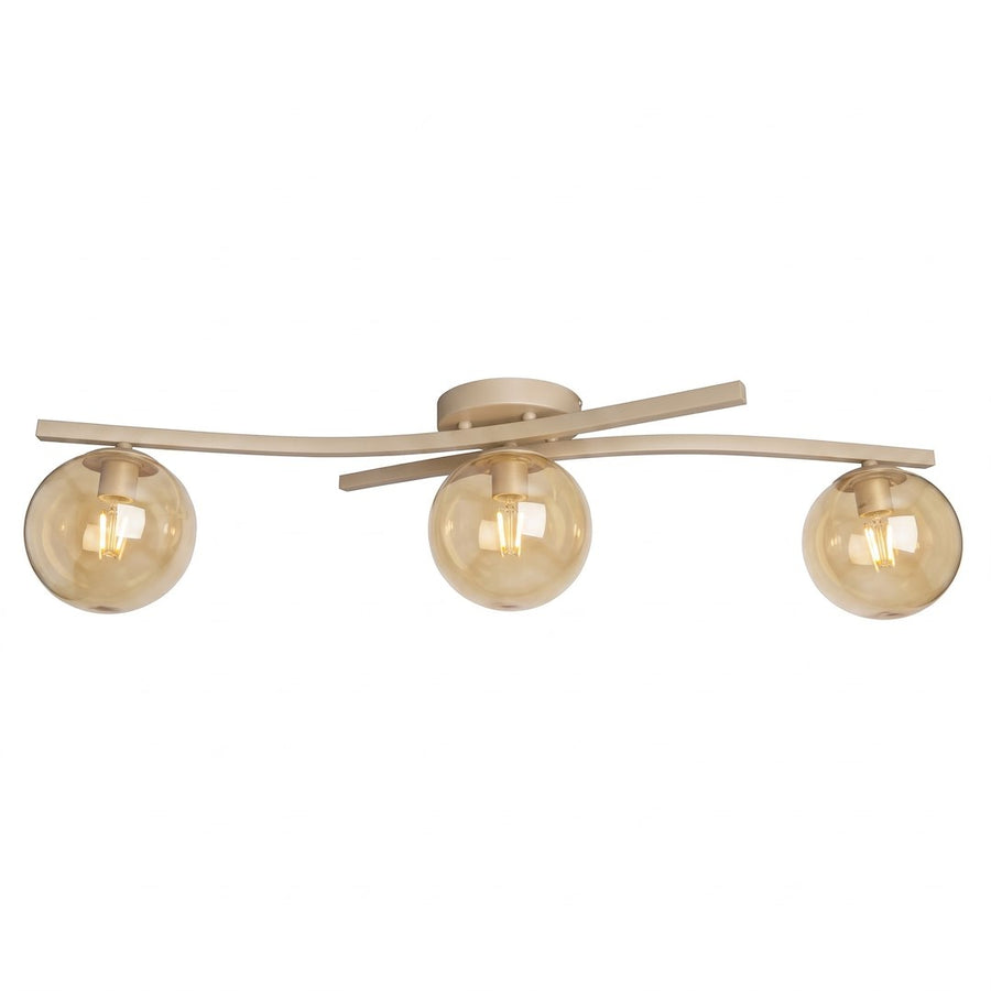 Vue de face du plafonnier, trois sphères ambrées alignées et structure beige