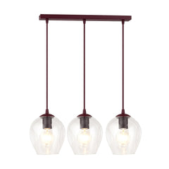 Suspension Istar 3 lumières bordeaux, verre transparent, H 14 cm