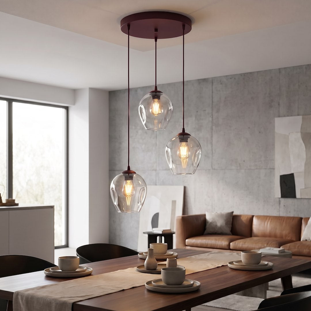Suspension Istar 3 lumières bordeaux, verre transparent, H 40 cm