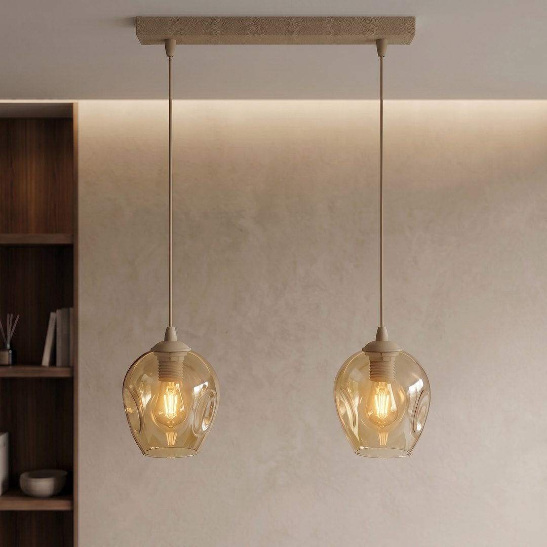 Suspension Istar 2 lumières beige, verre ambré