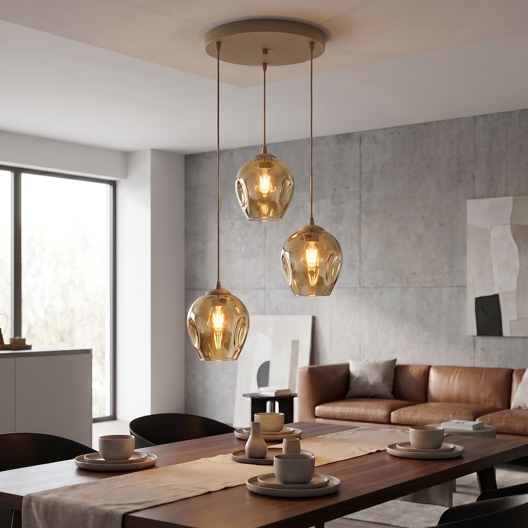 Suspension Istar 3 lumières beige, verre ambré, H 40 cm