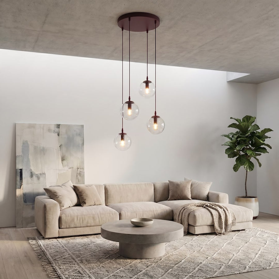 Vue en situation dans un salon, canapé beige, plafond béton et plante verte