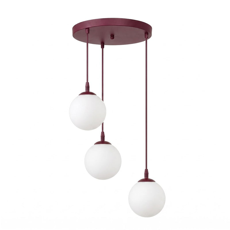 Suspension Cosmo 3 lumières bordeaux, verre blanc, H 40 cm