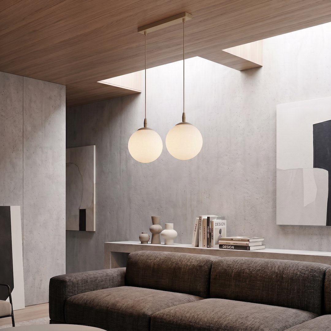 Suspension Cosmo 2 lumières beige, verre blanc