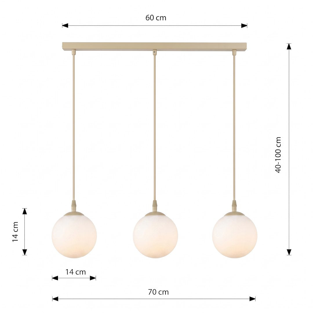 Schéma coté : barre 60 cm, hauteur réglable 40 à 100 cm, globes de 14 cm
