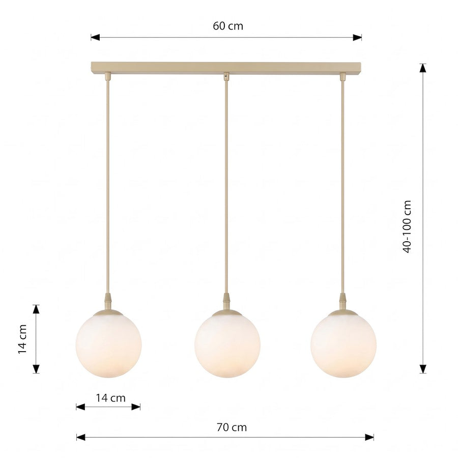Schéma coté : barre 60 cm, hauteur réglable 40 à 100 cm, globes de 14 cm