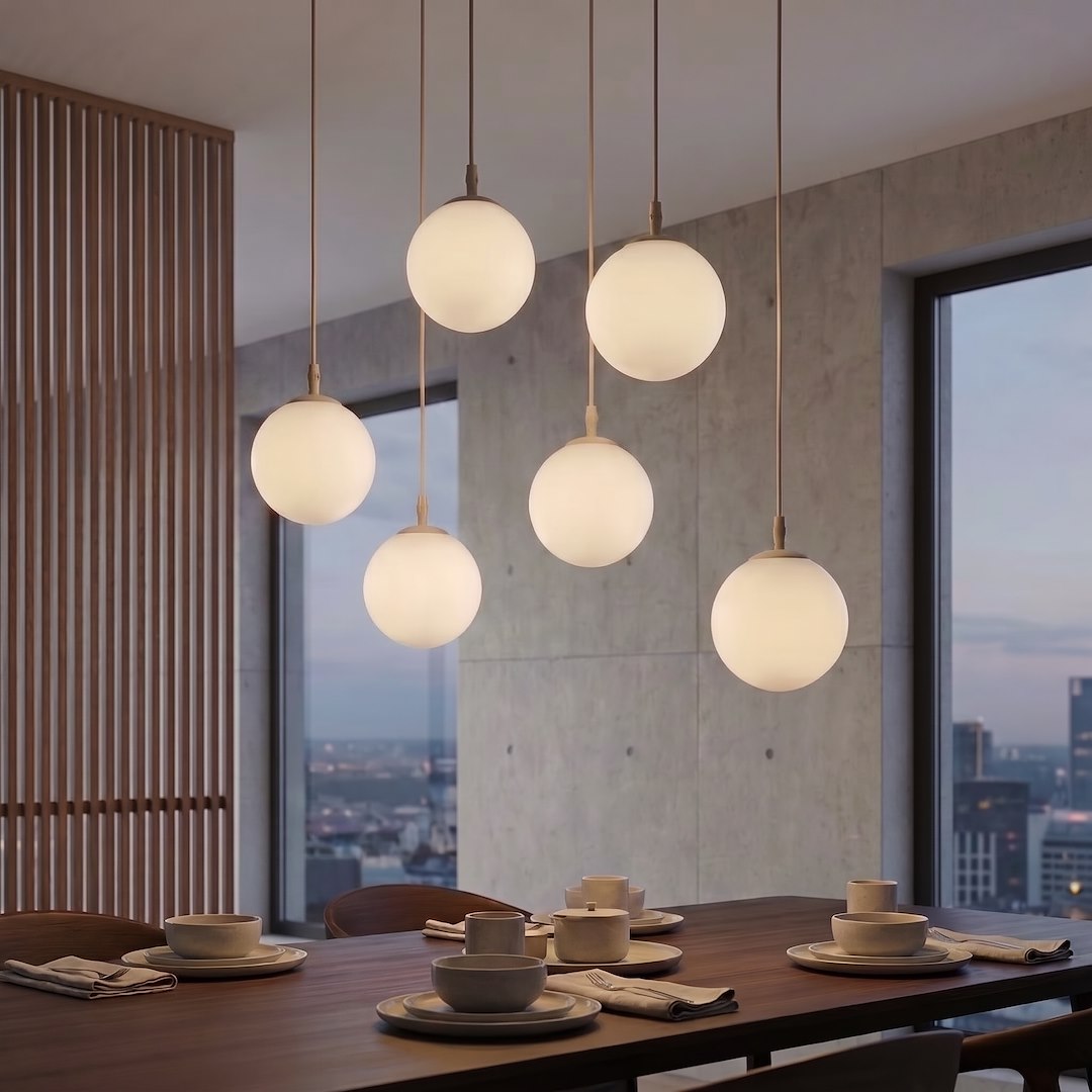 Mise en ambiance au-dessus d'une table de salle à manger, vue sur la ville au crépuscule