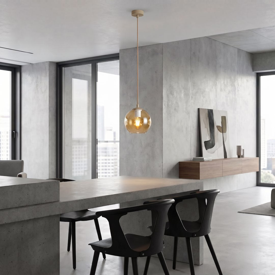 Luminaire suspendu au-dessus d'une table en béton dans un intérieur minimaliste