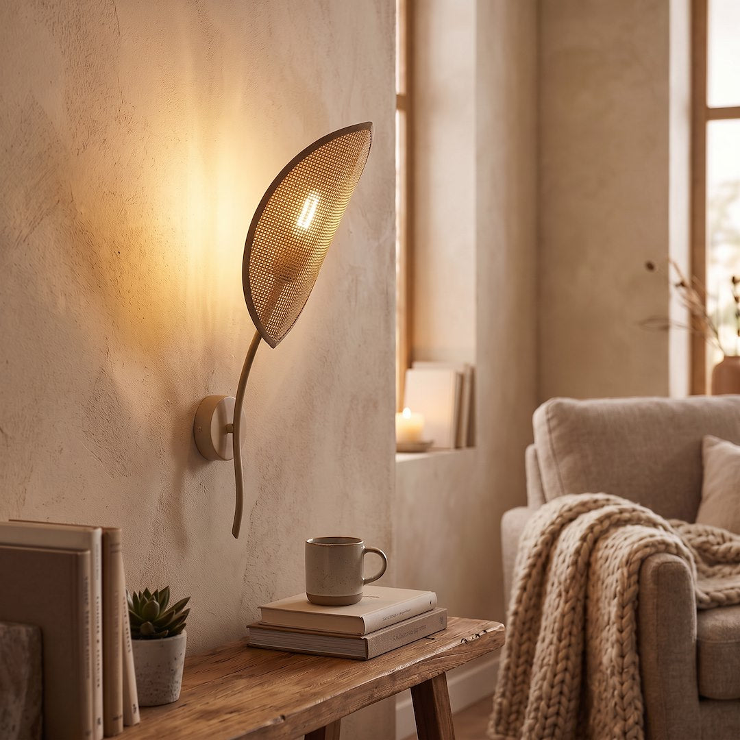 Applique murale allumée sur mur texturé, ambiance chaleureuse avec livres et fauteuil beige.
