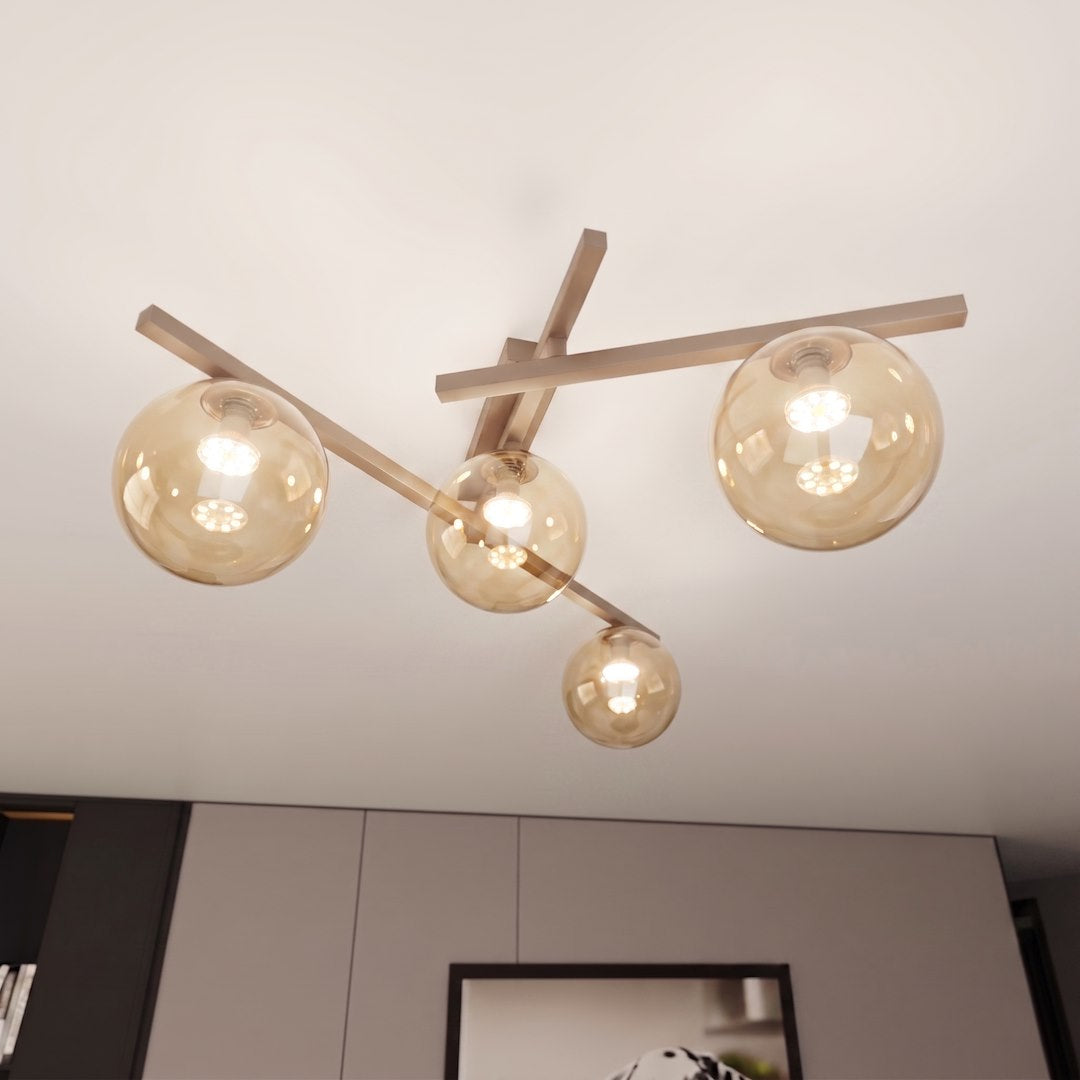 Plafonnier Smart 4 lumières beige, verre ambré