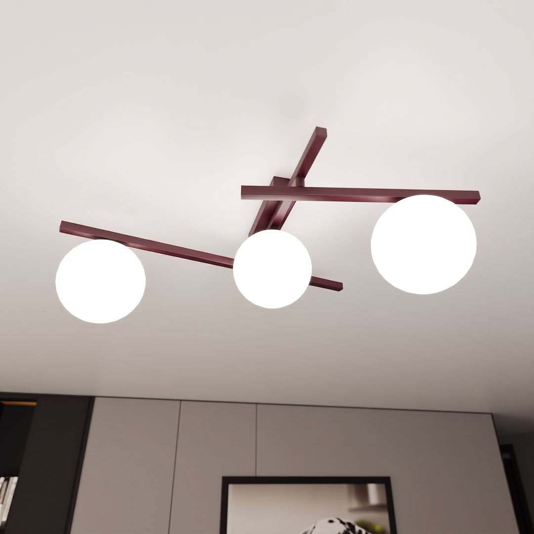 Plafonnier Smart 3 lumières bordeaux, verre blanc