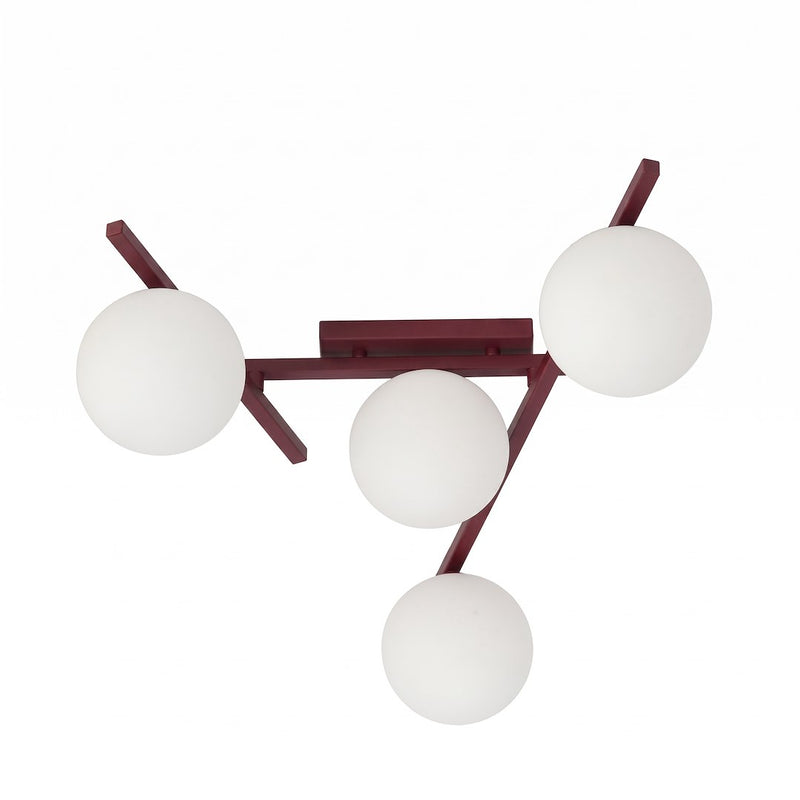 Plafonnier Smart 4 lumières bordeaux, verre blanc
