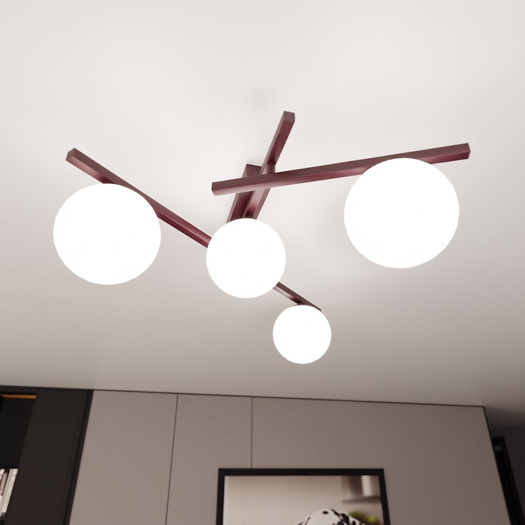Plafonnier Smart 4 lumières bordeaux, verre blanc